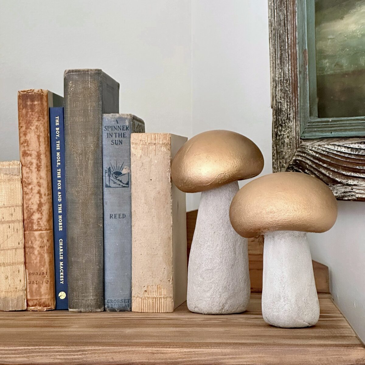 Concrete mushrooms being used as bookends.